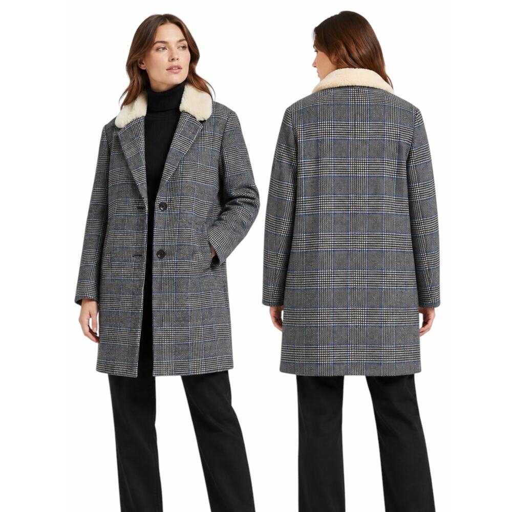 Levi's Amaya Wool Blend Houndstooth Plaid Coat Faux Fur Gray Blue Size L